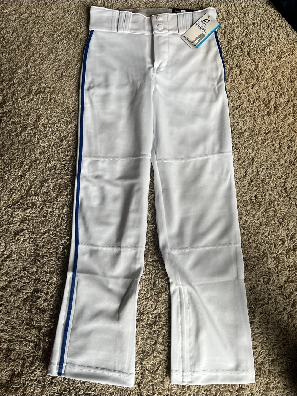 White Kids Baseball Pants with Royal Blue Side Stripe